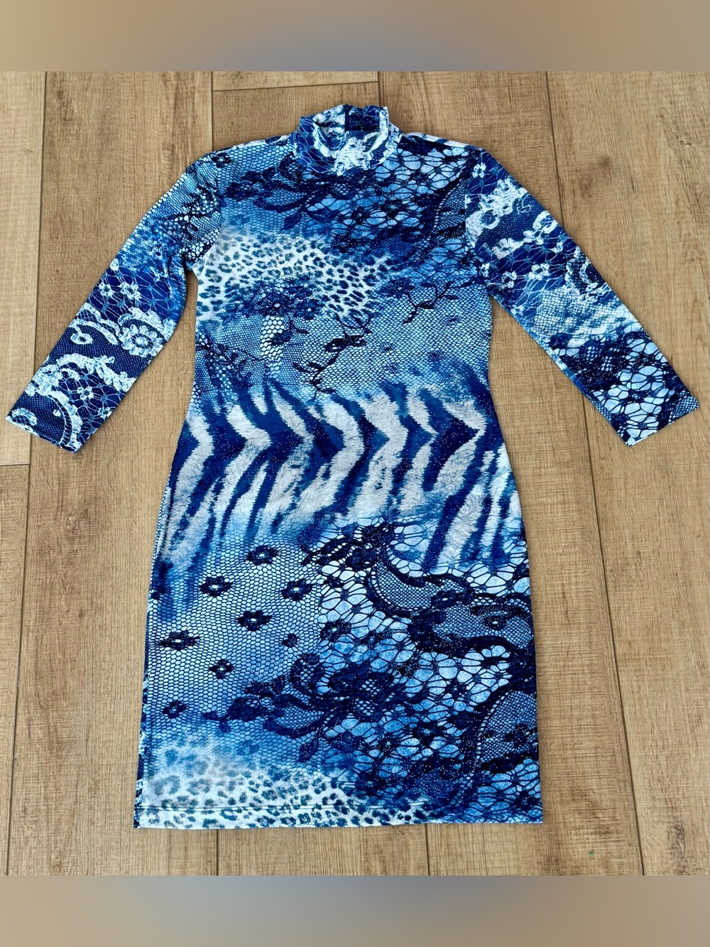 NWT Grayse Blue Rhinestone Animal Print Mock Neck Sheath Dress XS Made in USA